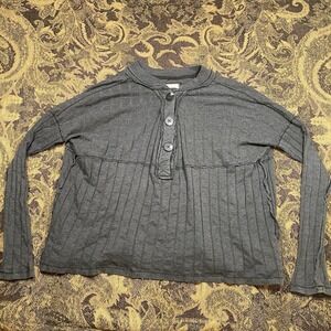Free People We The Free Women's Size XL Mix Henley Top Dark Gray Button